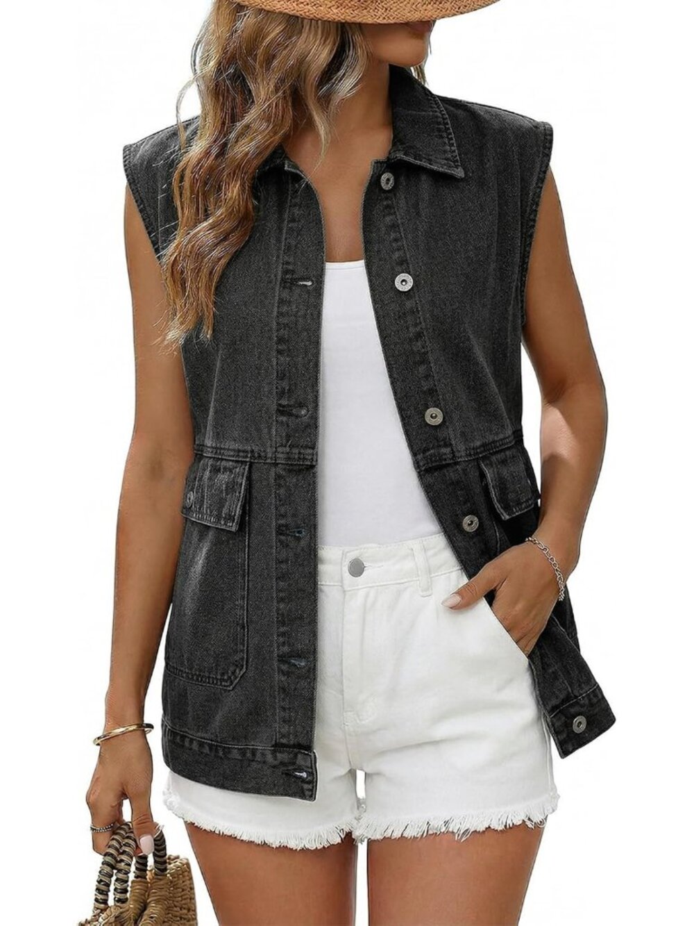 Women's Dark Grey Casual Denim Vest Sleeveless Jacket Button Down with Pockets